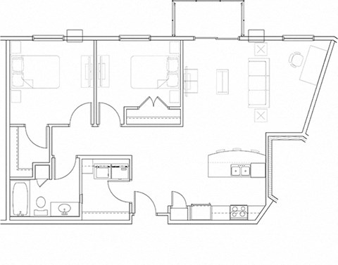 Floor plan for 2 beds, 1 bath, 1023 sqft